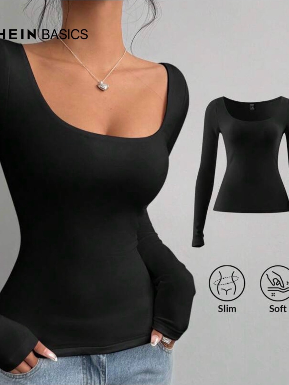 SHEIN Black Long Sleeve Scoop Neck Slim Top